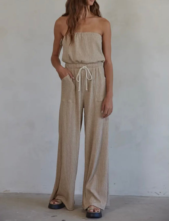 Striped Strapless Jumpsuit with Waist Band