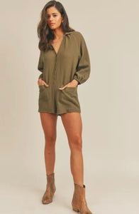 Button Front Romper- Olive